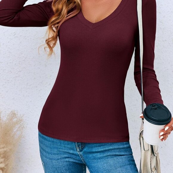 Women's Ribbed Knit Long Sleeve V-Neck Top Casual Slim Fit Shirt - Picture 3 of 5